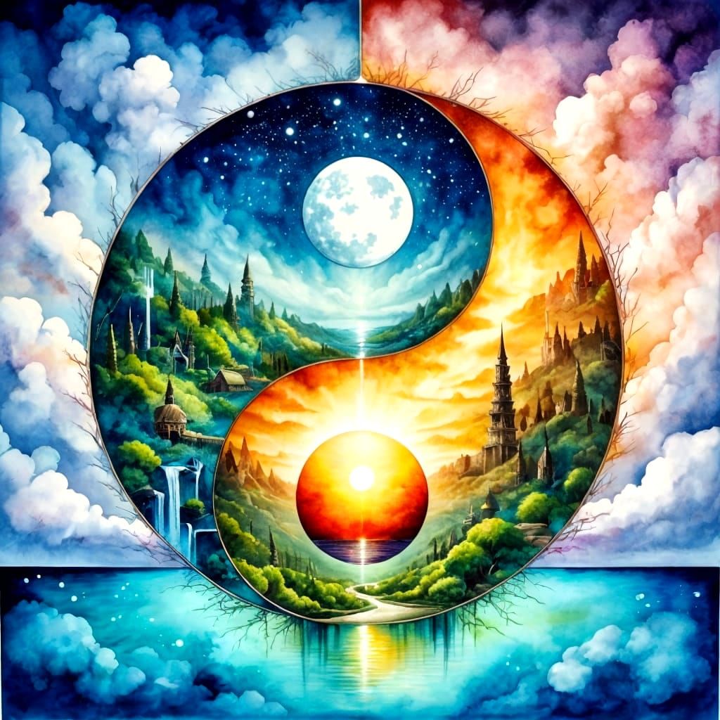 Yin Yang Symbol With Contrasting Day and Night Island Scenes