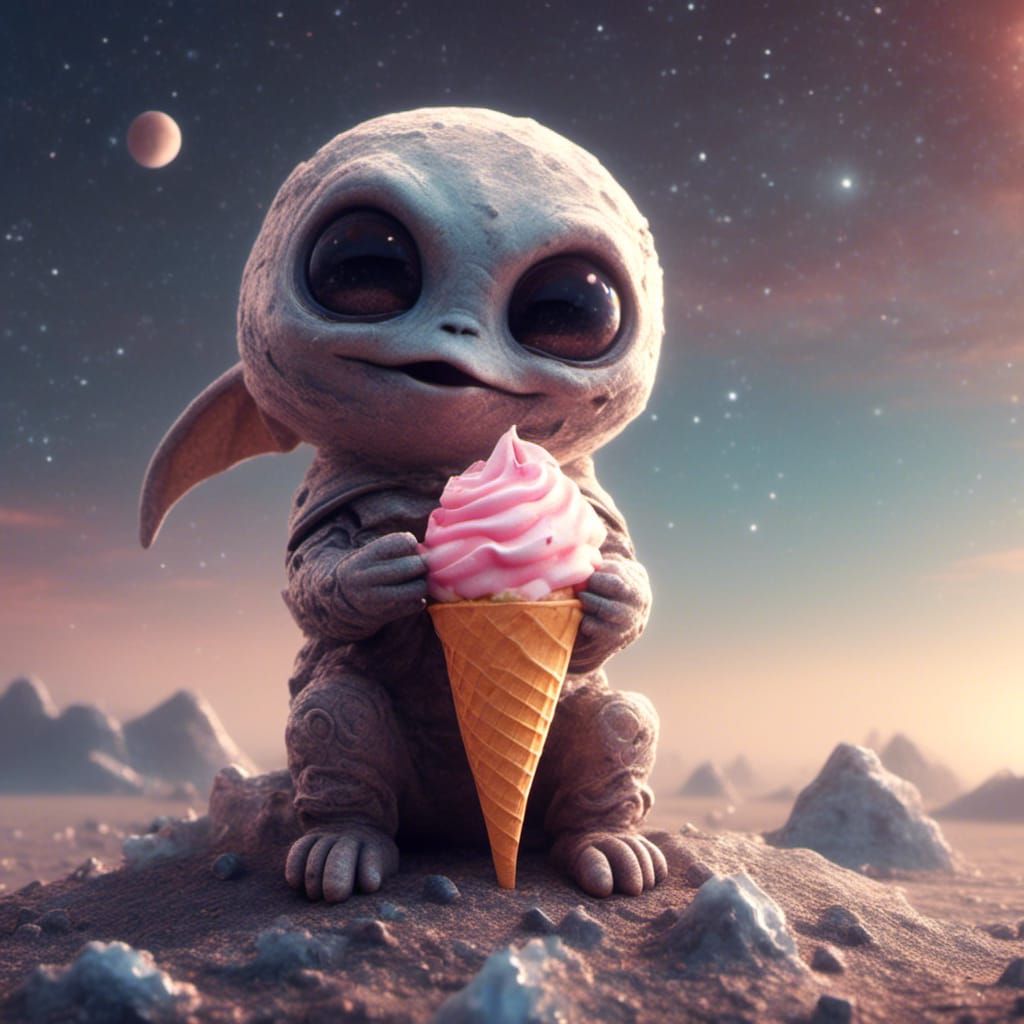 Adorable Alien Enjoys Ice Cream on the Moon