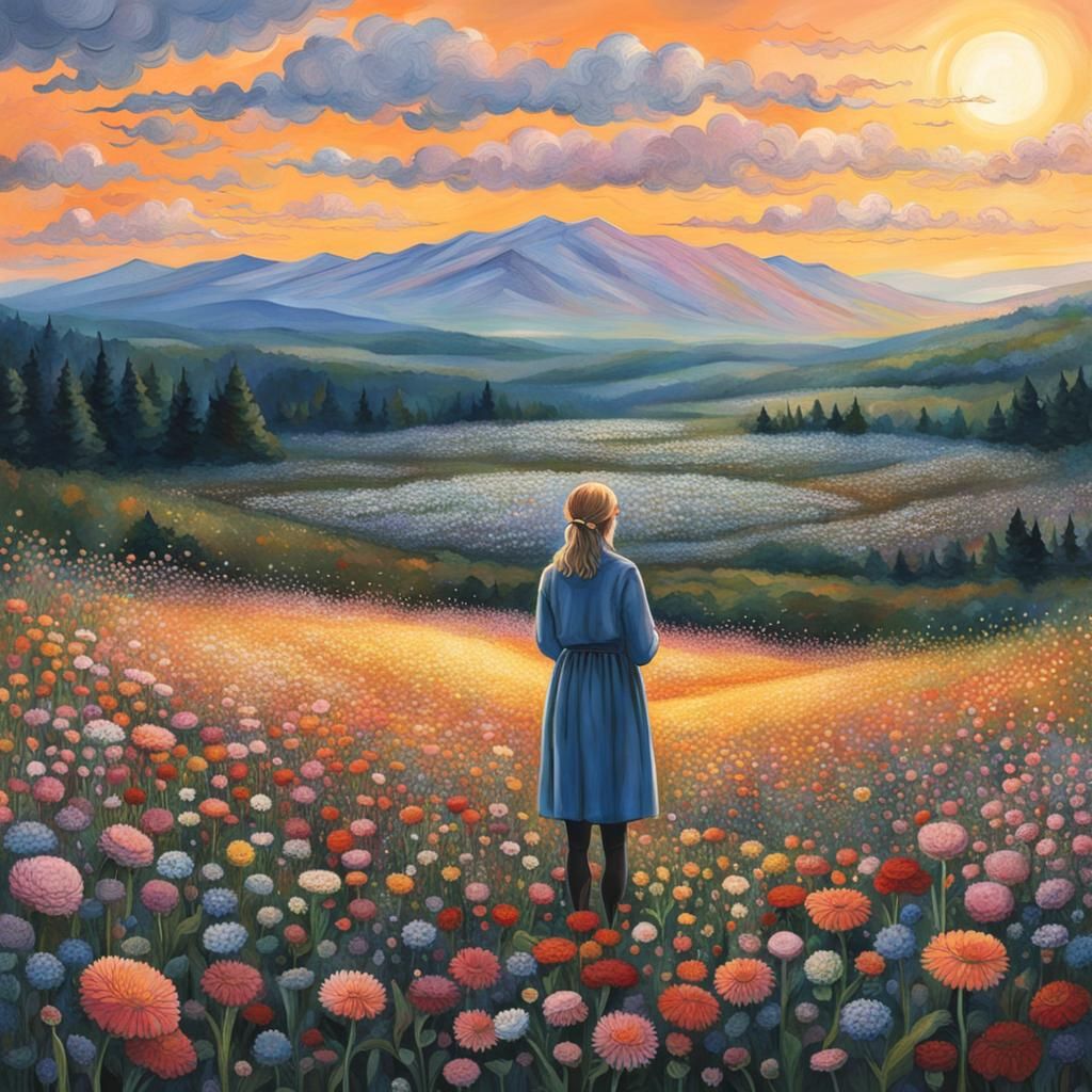 Greta Thunberg in Flower Field at Sunrise