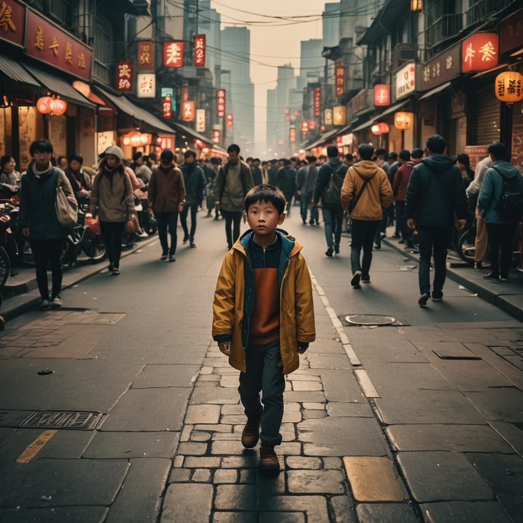 Boy Walks Through Shanghai Street: Cinematic Film Still