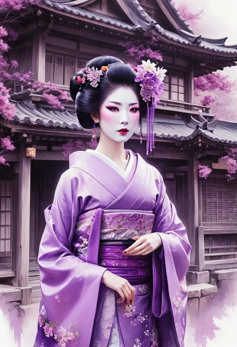 Beautiful Geisha with Purple Flower in Ancient Japan