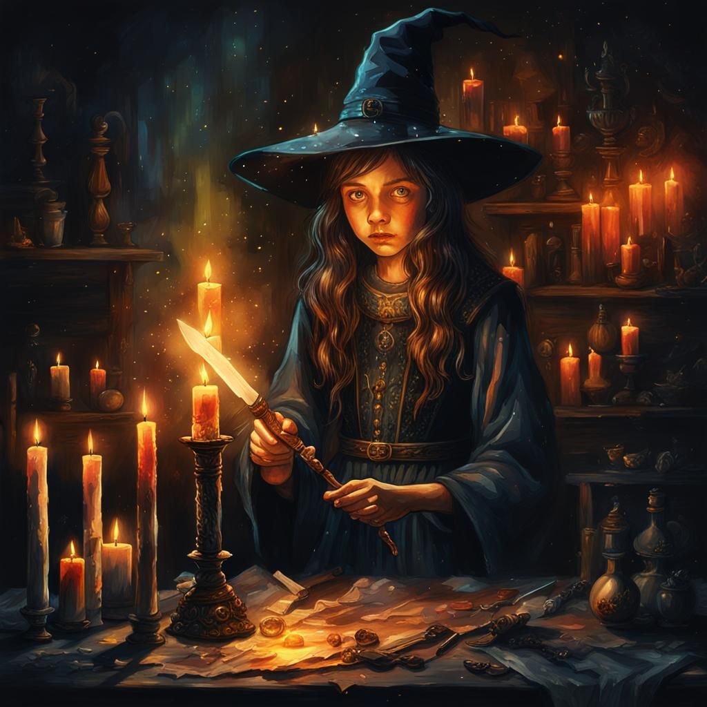 Young Witch Casting Spell by Candlelight