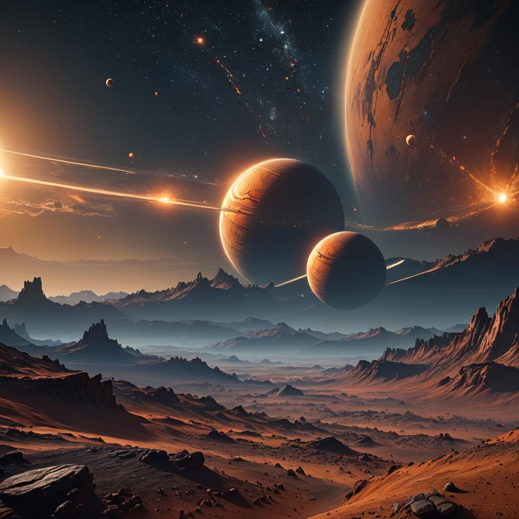 Reddish-Yellow Ringed Planet in Starry Expanse