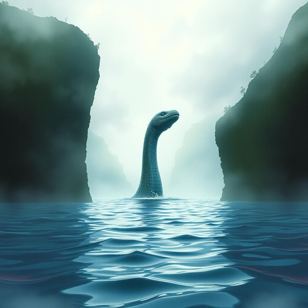 Loch Ness Monster in Dreamlike Watercolor Landscape
