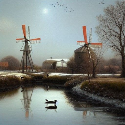 Winter Canal Scene with Windmill in Oil Painting