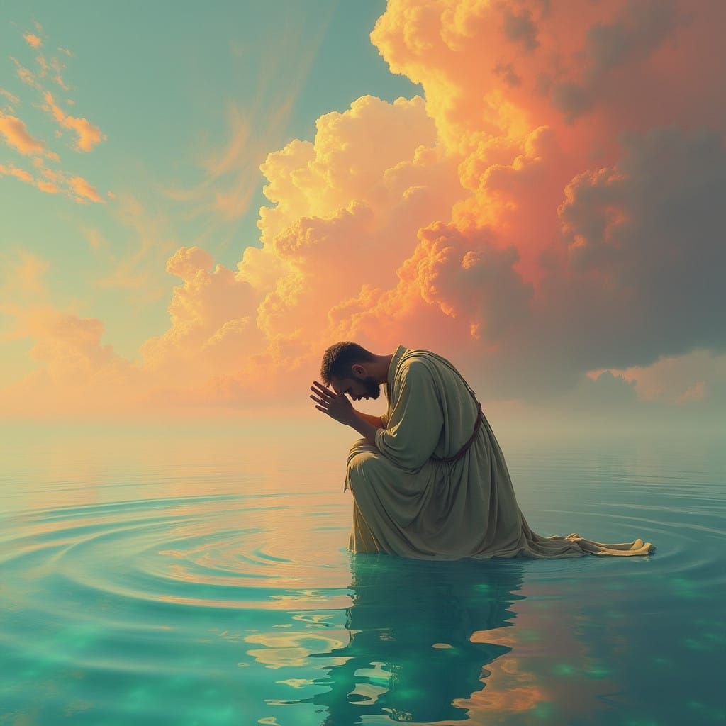Man in Turquoise Water, Dreamlike Landscape