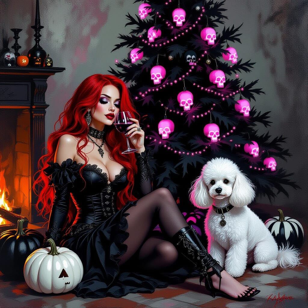 Gothic Lady with Halloween Tree, Oil Painting Style