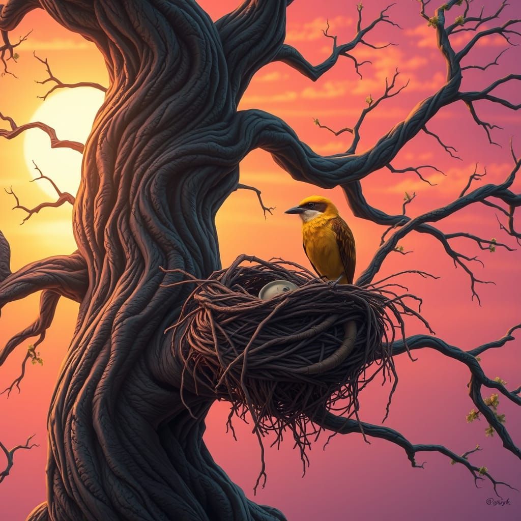 Ancient Tree Nest in Vibrant Sunrise