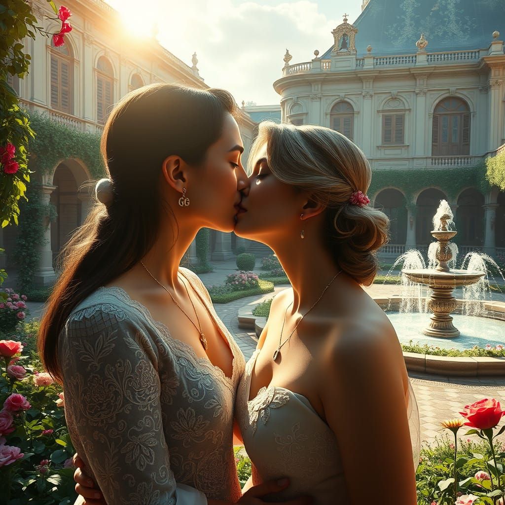 Tender Moment in a Majestic Palace Courtyard