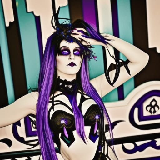 Ethereal gothic siren with long flowing purple hair with cobalt blue highlights& cobalt blue eyes& Black eyeshadow with ...