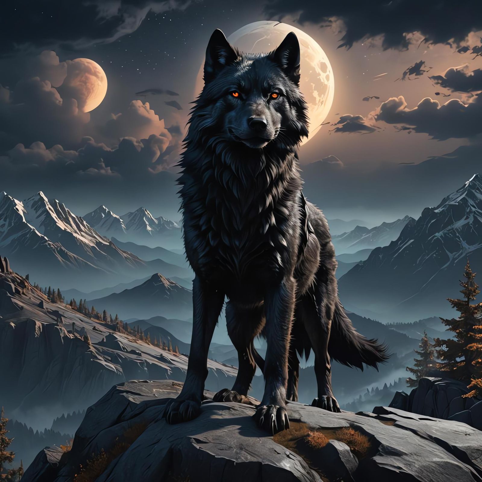 Majestic Black Wolf on Mountain Top in 3D