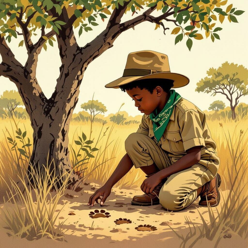 African Boy Explorer in Watercolor Illustration