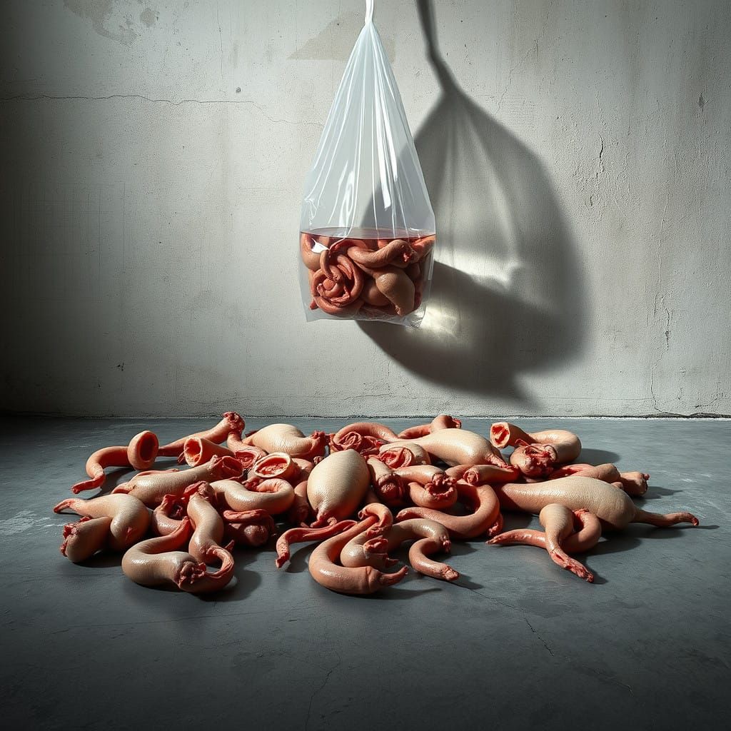Hyperrealistic Pig Anatomy Scene with Distorted Reflections