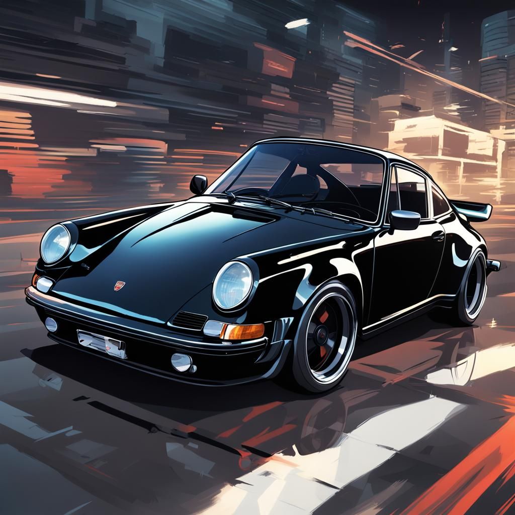 Black Porsche 911 GT in Anime Style
