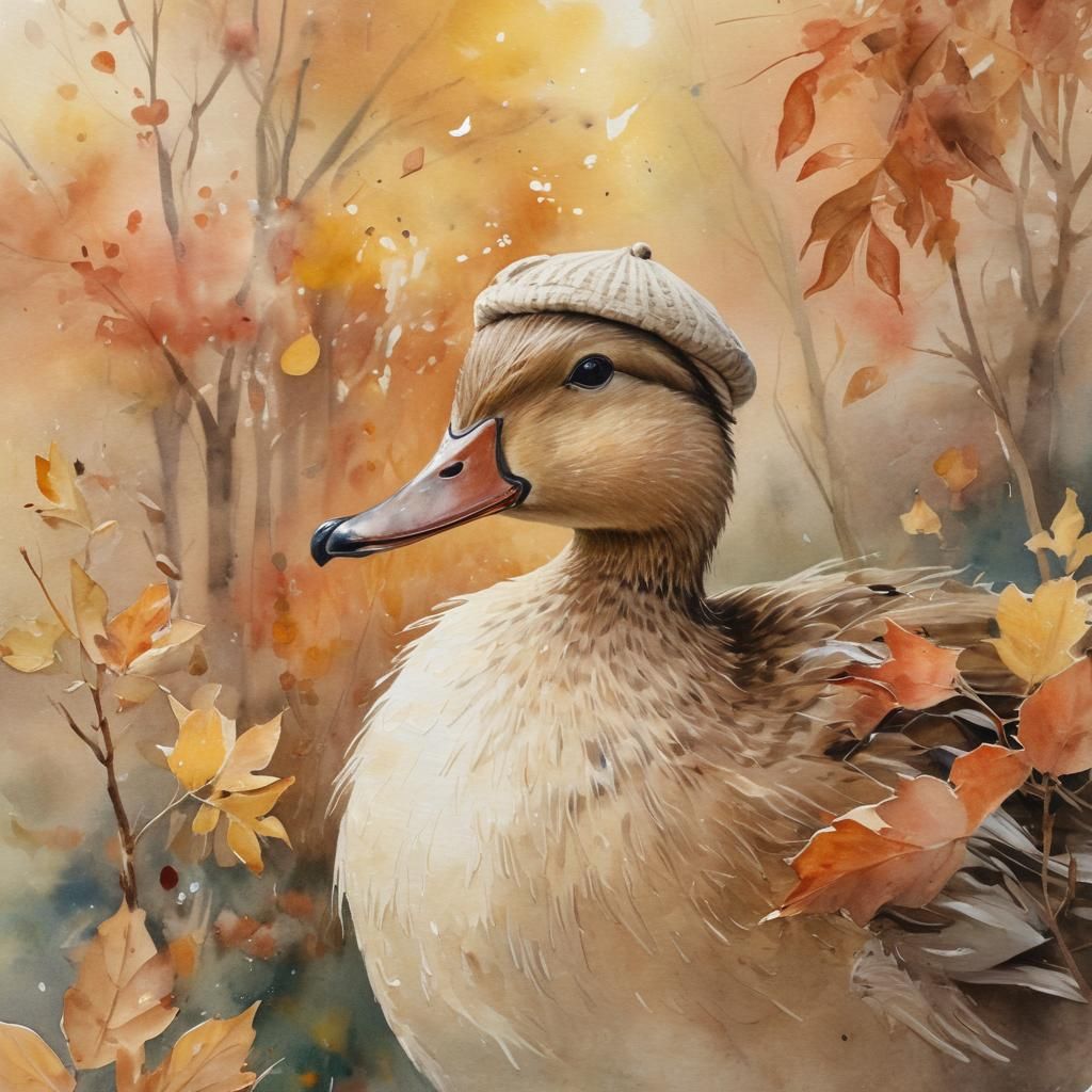Duck in Woolen Hat: Impressionistic Watercolor Art