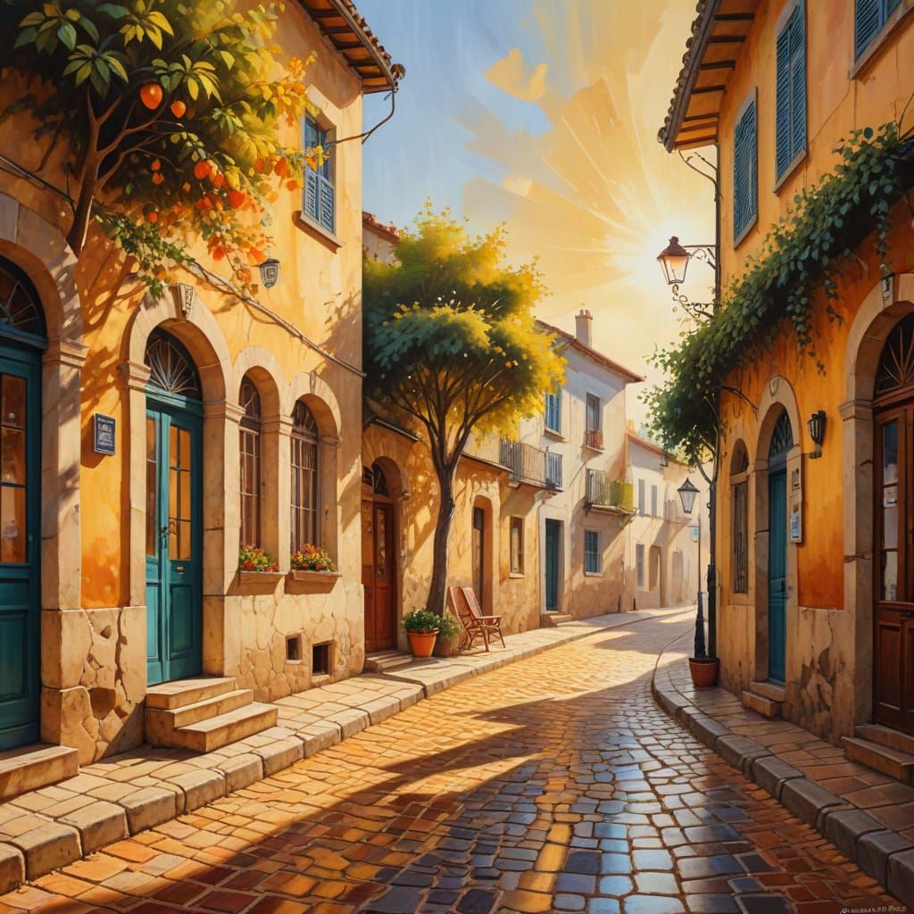 Portuguese Street Scene in Warm Oil Painting