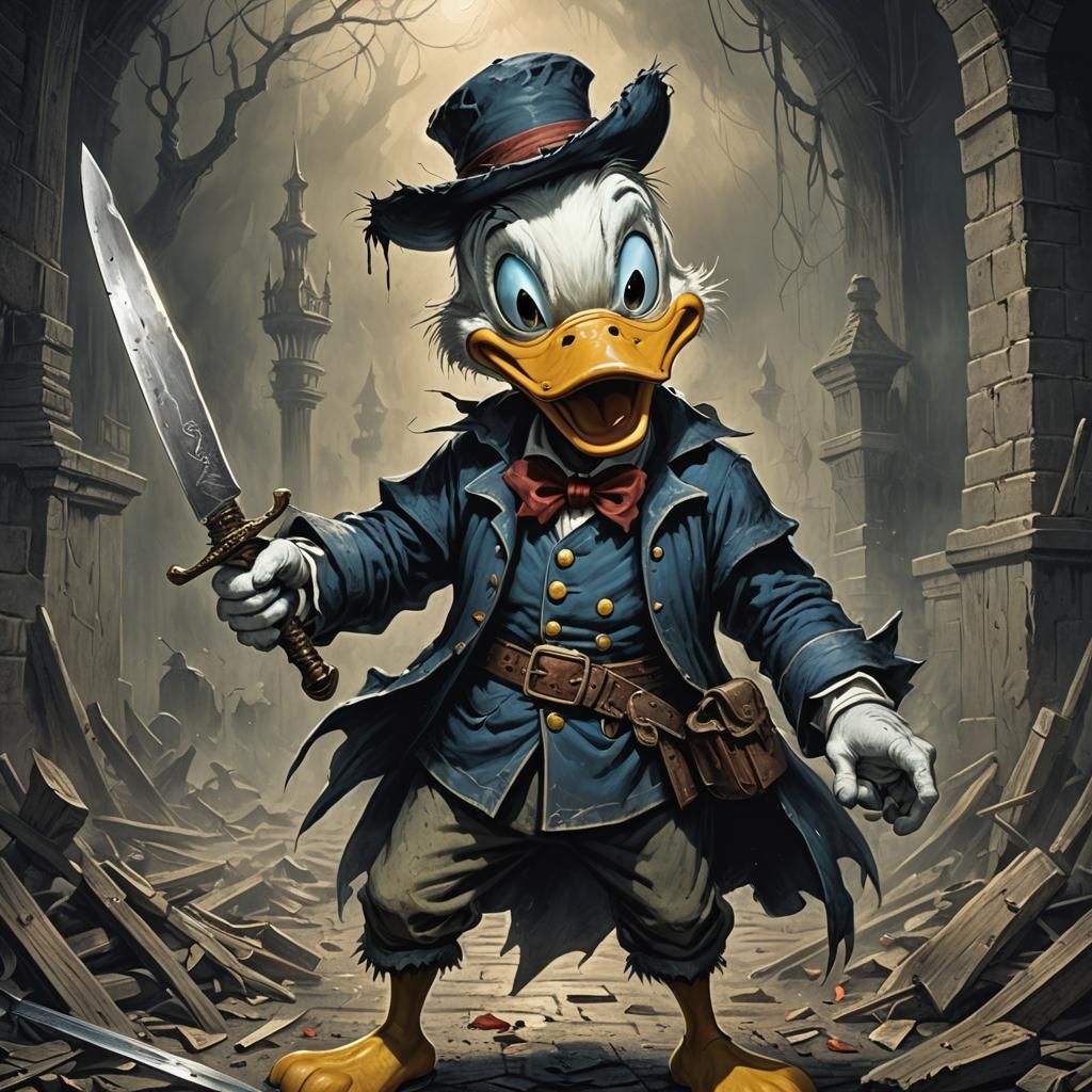 Creep, evil Donald Duck holding a large knife, evil smile on face