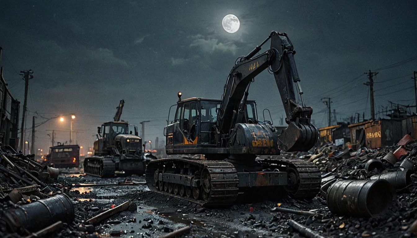 Creepy Excavator in Industrial Wasteland at Night