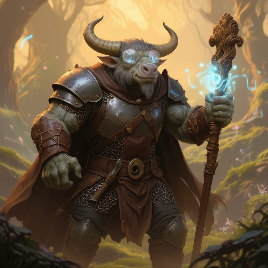 Armored Minotaur Quarterstaff Bearer in Mystical Realm