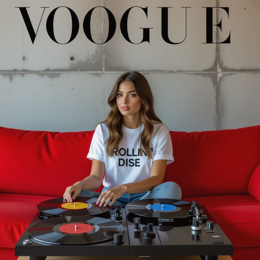 Vogue-Style Cover: Woman with Vinyl Records on Red Sofa
