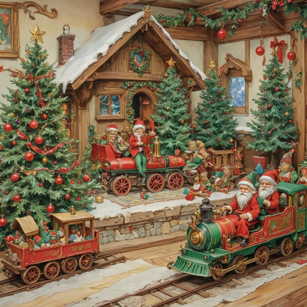Christmas Elves on Miniature Train, Mucha Style