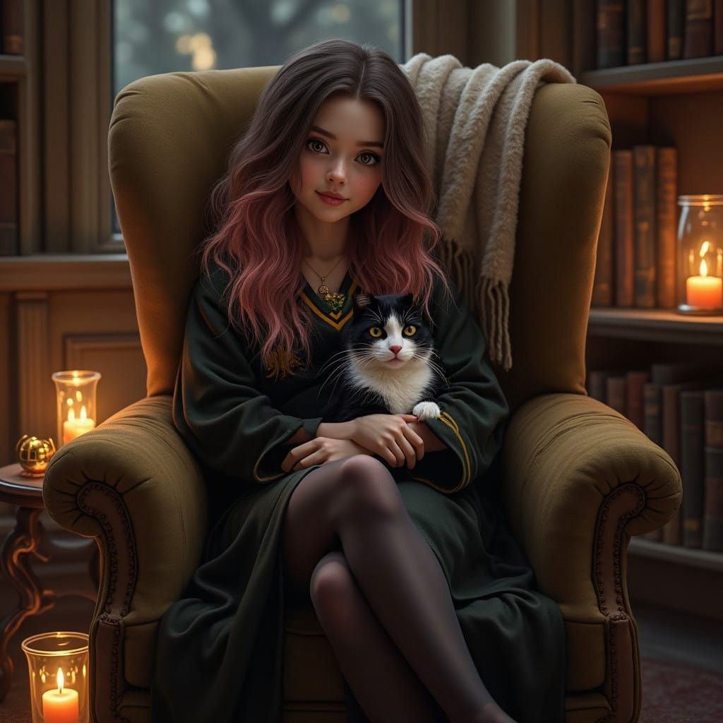 Hufflepuff Girl in Whimsical Nighttime Scene