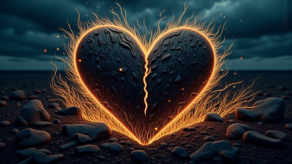 Shattered Heart in Stained Wood with Bioluminescent Flora