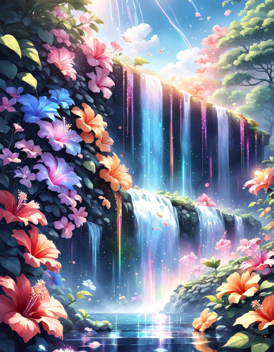Crystal Waterfall with Rainbow Hibiscus: 3D Anime Art