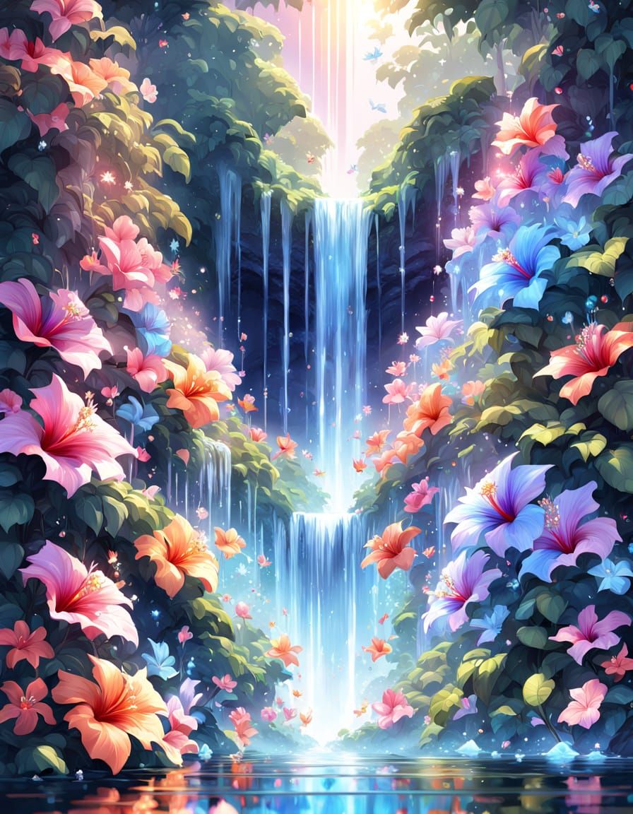 Rainbow Hibiscus and Crystal Waterfall: 3D Anime Art