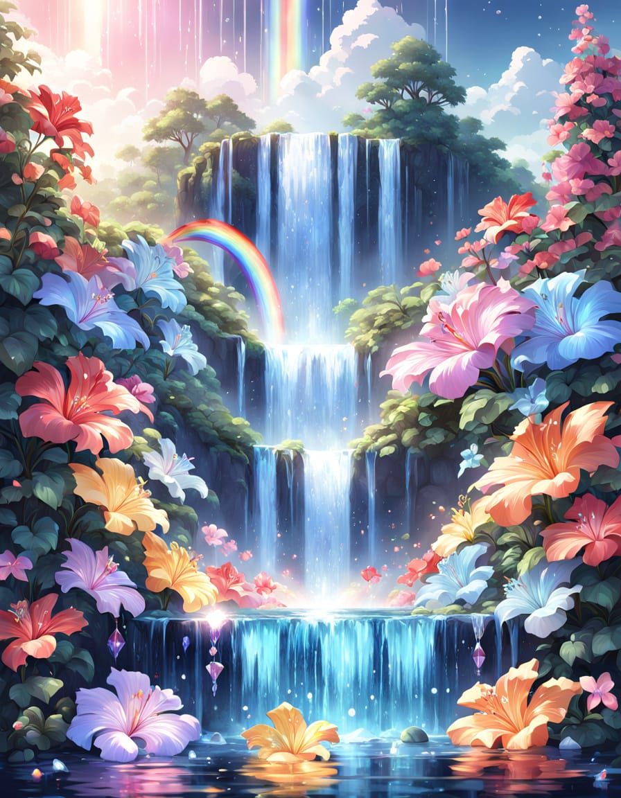 Crystal Waterfall with Rainbow Hibiscus in 3D Anime Art