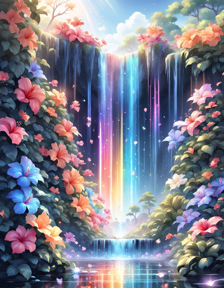 Crystal Waterfall with Rainbow Hibiscus in 3D Anime Style