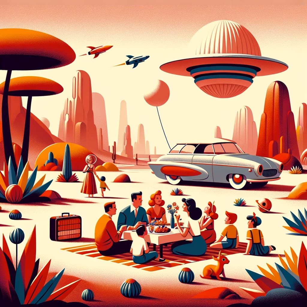 Retro-Futuristic Picnic on Alien Planet in Mid-Century Style