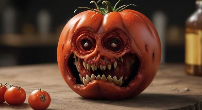 Rotten Tomato Fruit Monster Portrait in Golden Hour