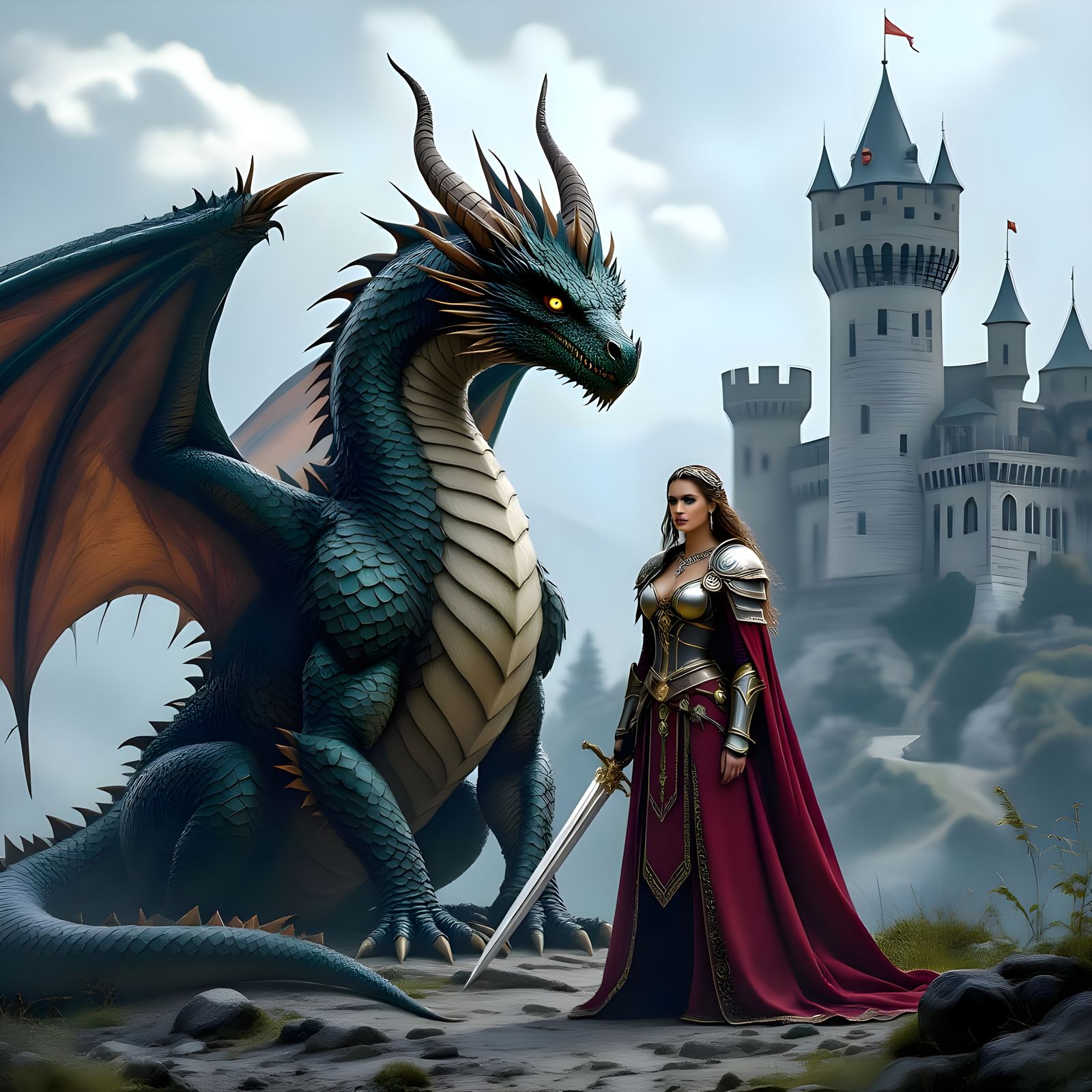 A beautiful erethal gigantic dragon sitting next to a beauti...