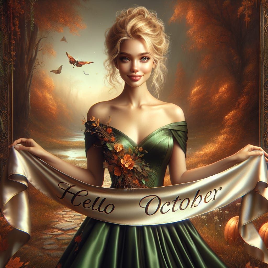Woman with Blonde Hair Holding October Banner