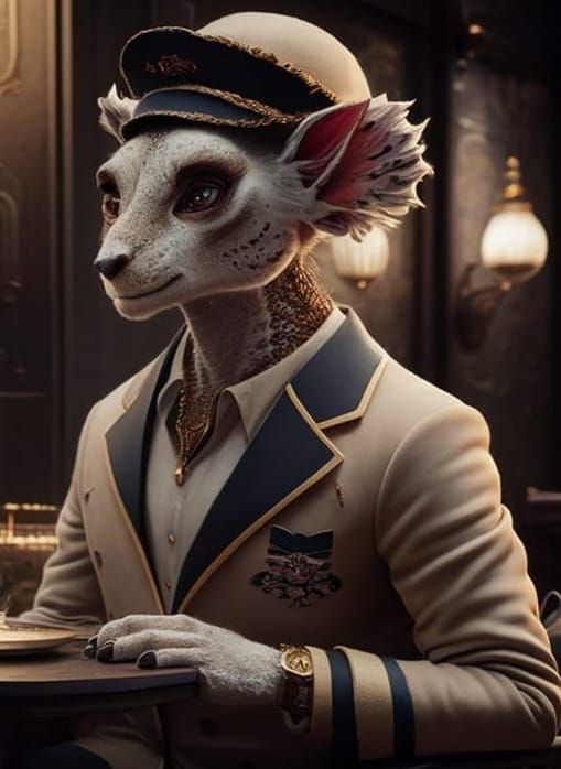 Anthropomorphic Holam Listens to the Sea in Cafe