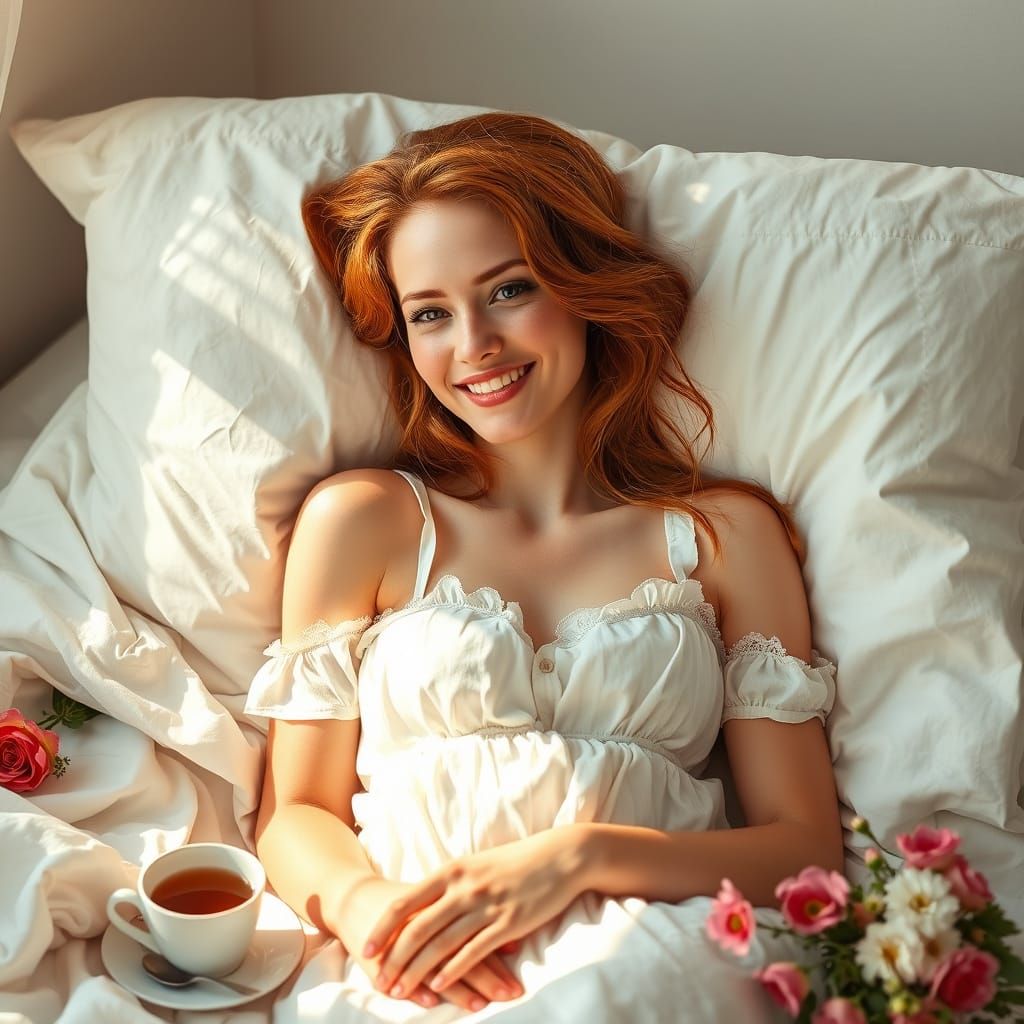 Redhead Woman Relaxing in Sunlit Bedroom