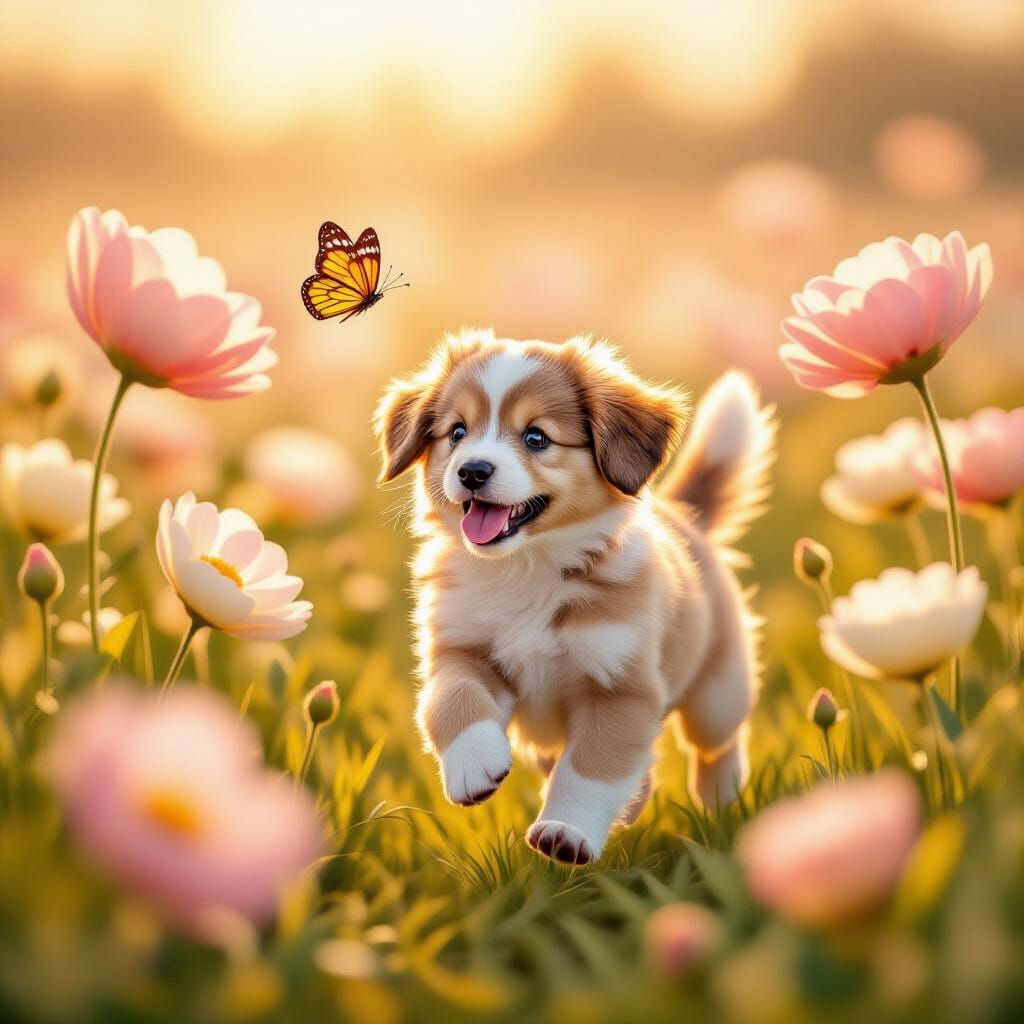 Whimsical Puppy Chasing Butterfly in Flower Field