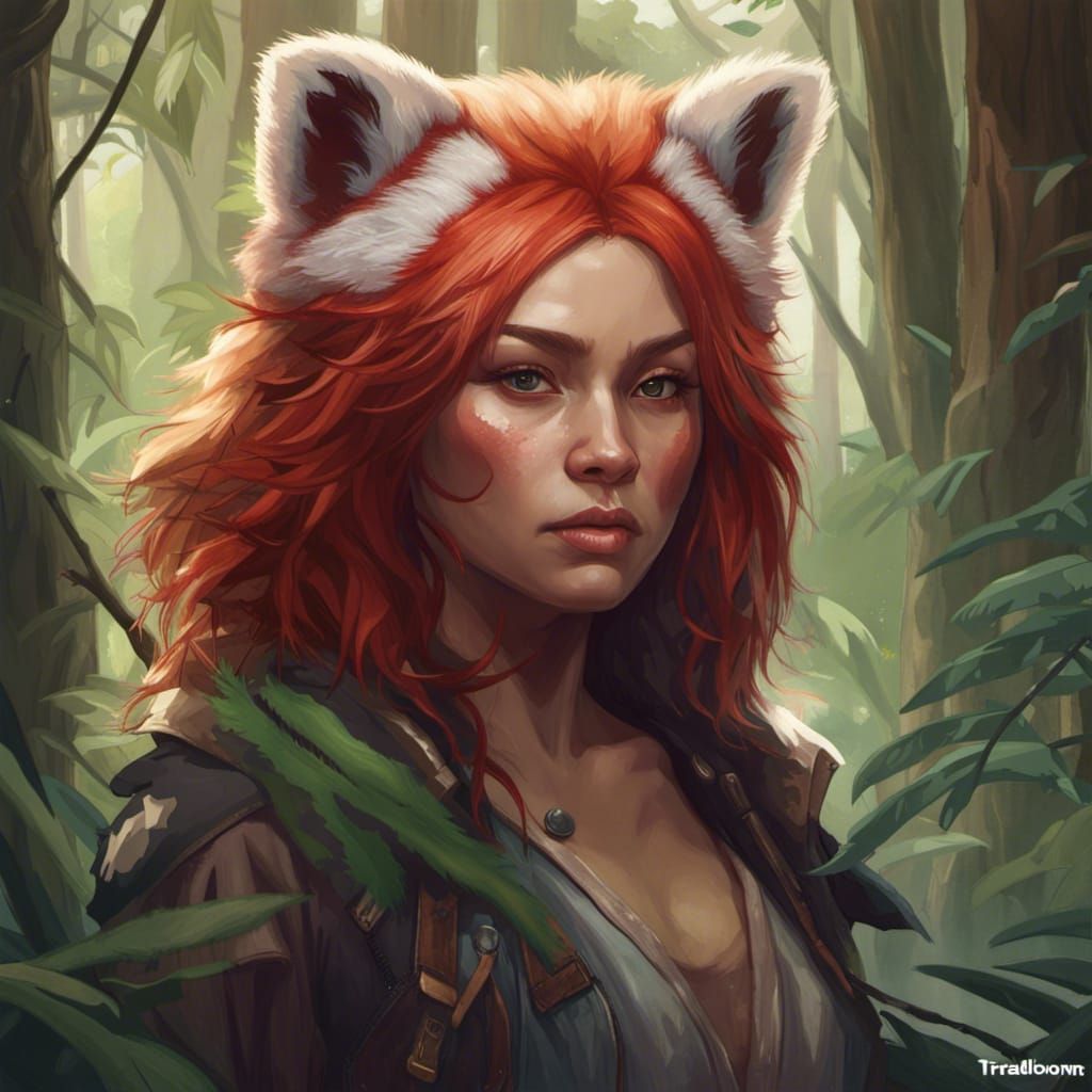 a red panda person in forest