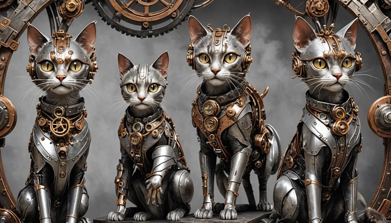 Steampunk Cyborg Cat Goddess on a Vibrant Street