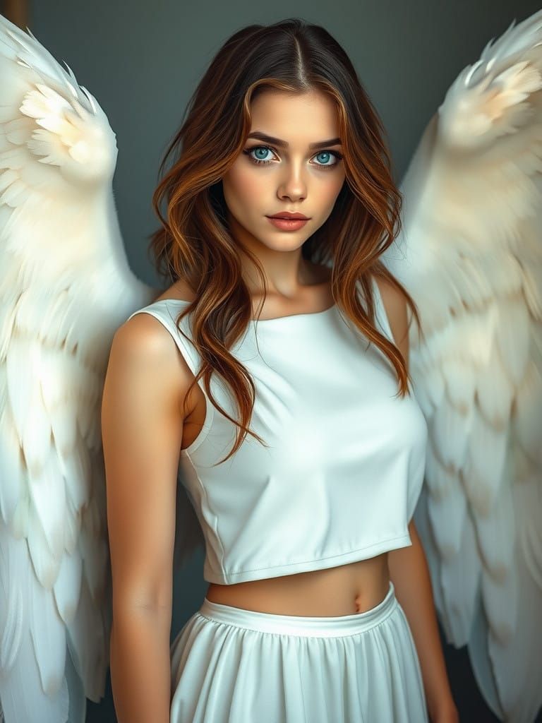 Ethereal Angel with Lush Chestnut Hair and Cerulean Eyes