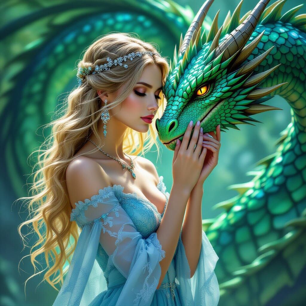 Gothic Fantasy Woman Touches Dragon's Cheek