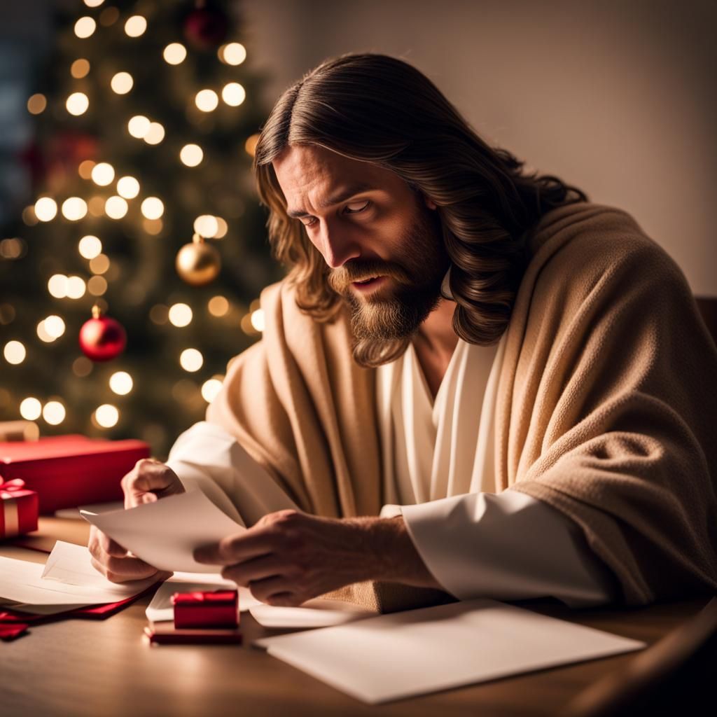 jesus reads christmas letters at his desk, and he can't believe, what he sees