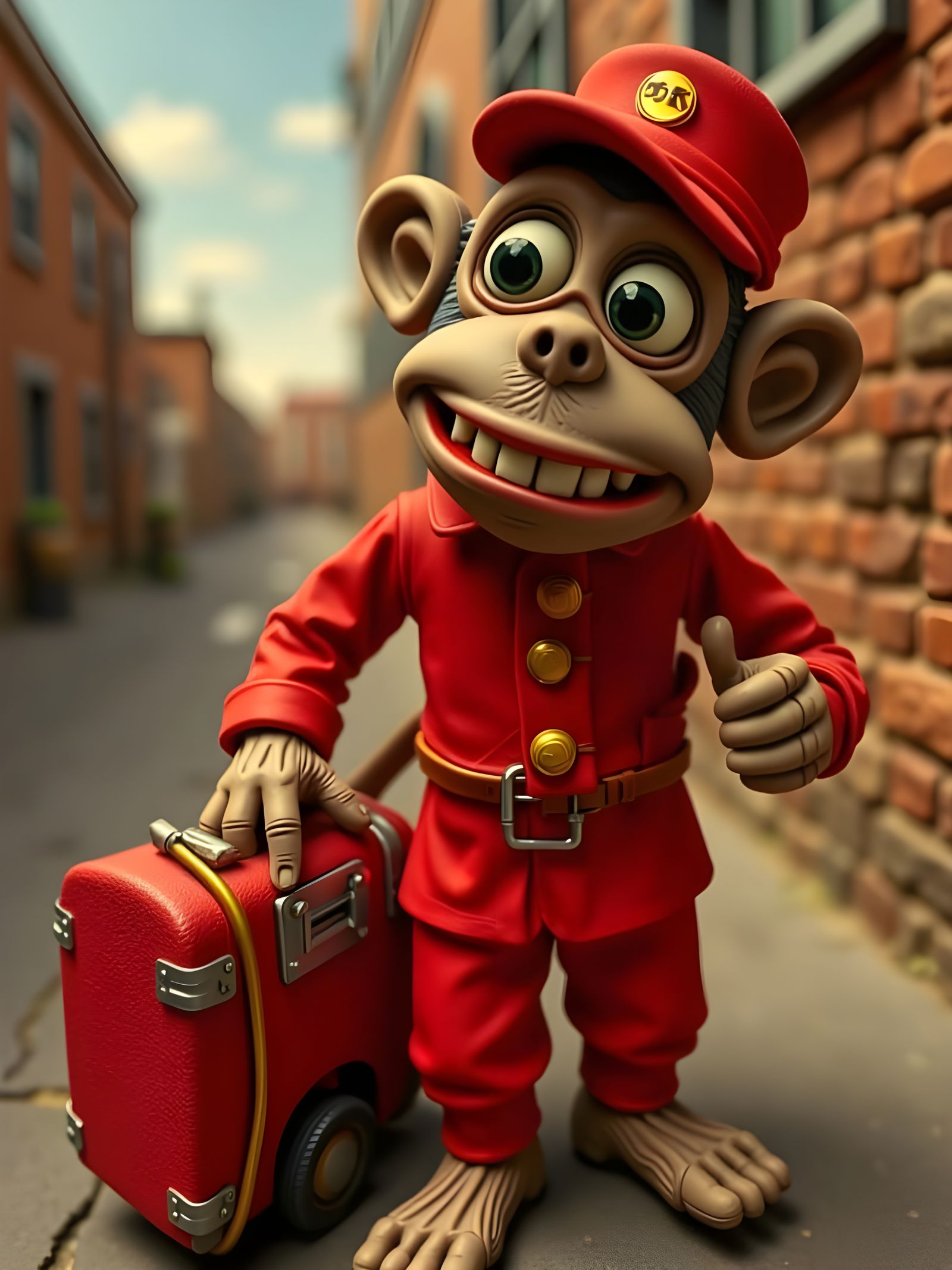 Charming Claymation Monkey Bellhop in Red Uniform