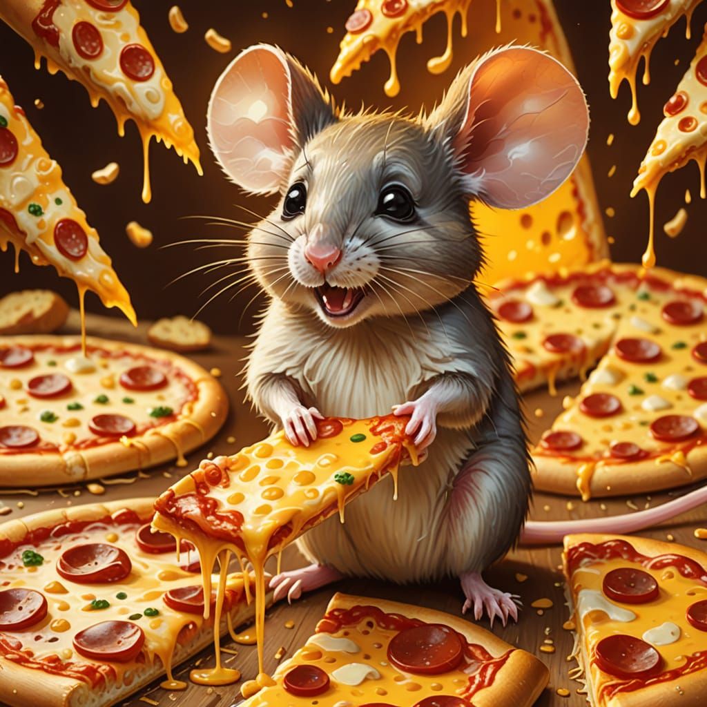 A cute mouse eating a slice of cheesy pizza