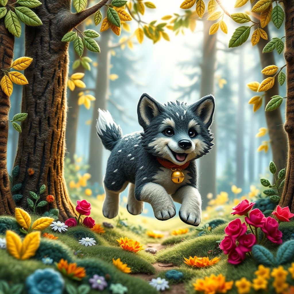 Joyful Wolf Pup in Felt Art Forest