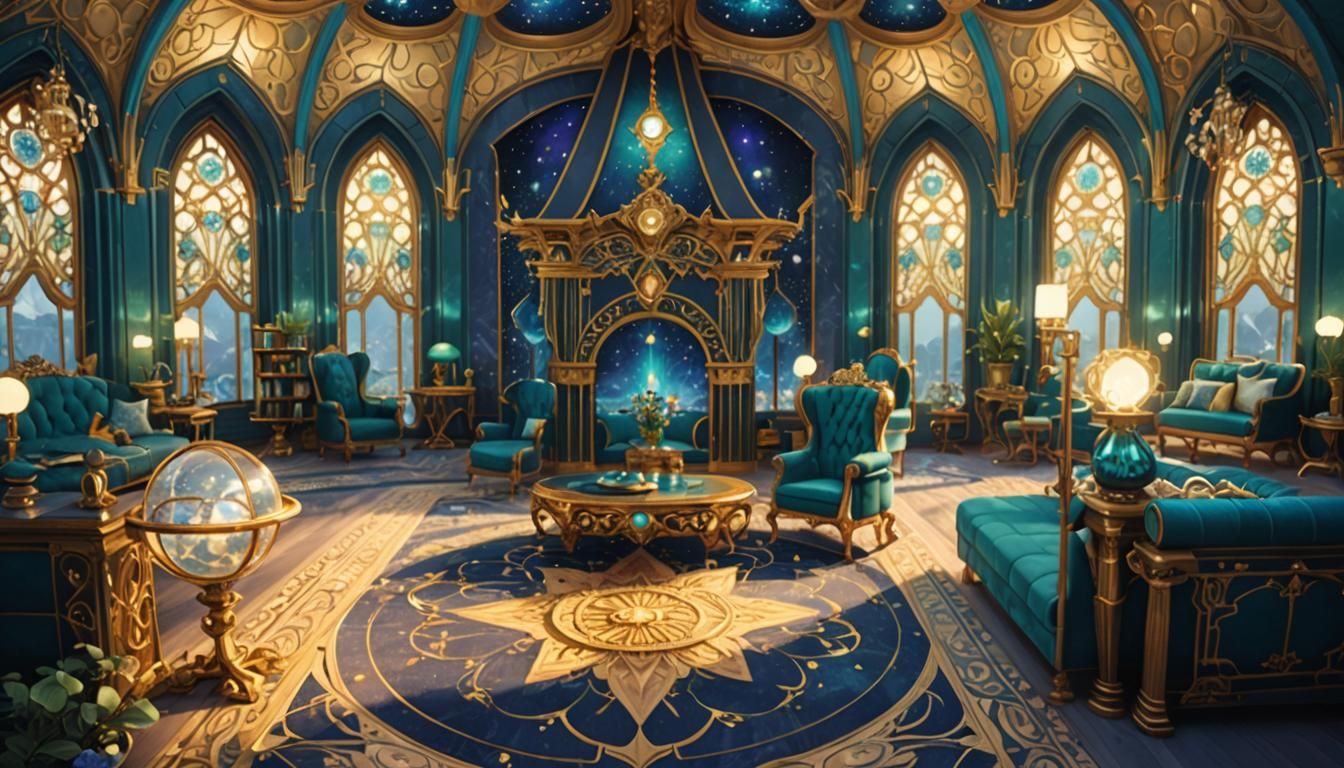 Art Nouveau Common Room with Bioluminescent Gemstones