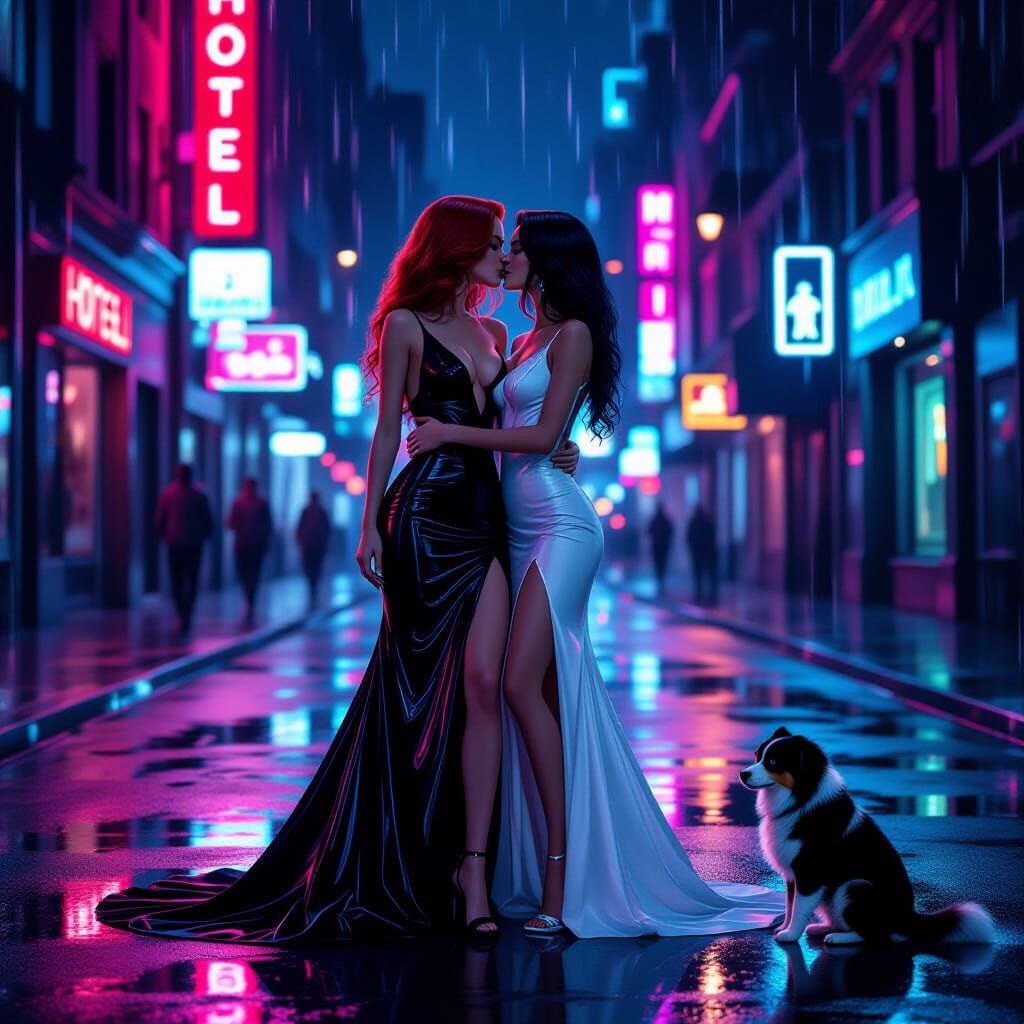 Romantic Neon Street Kiss in Futuristic Noir Style