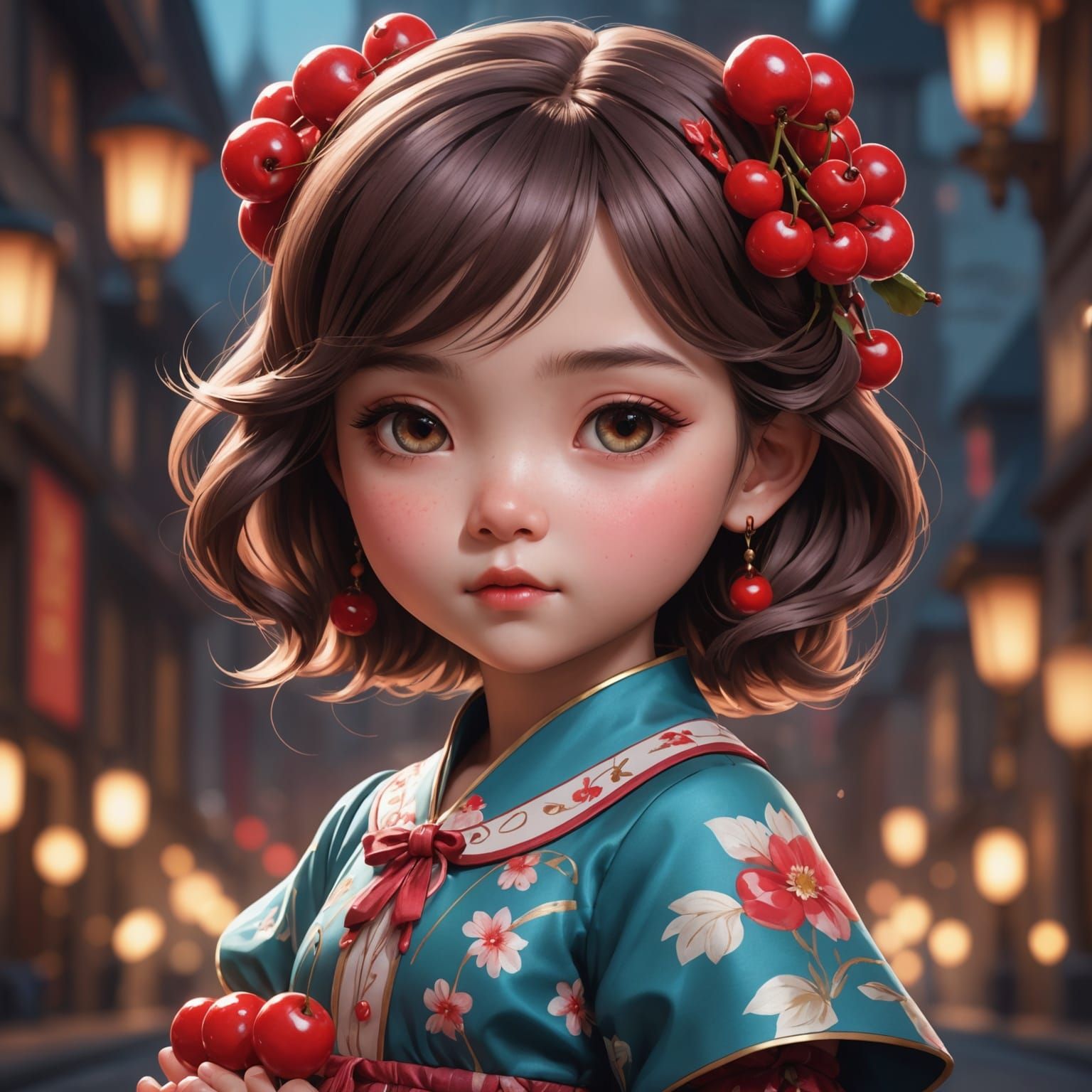 Chibi in Cherry Dress: Detailed Portrait