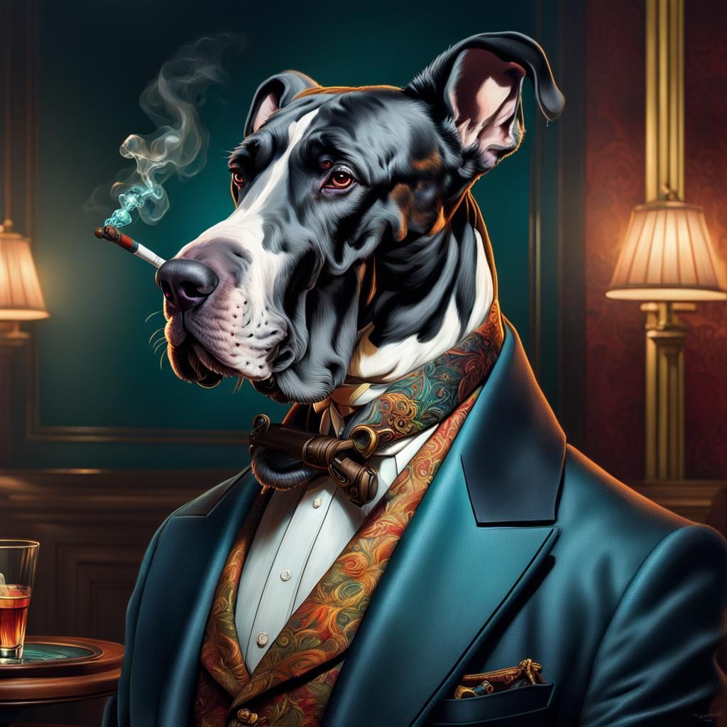Great Dane Gentleman in Men's Club, Hyperrealistic Art